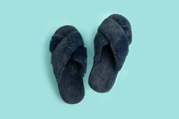 Indoor Blue home cozy slippers on a blue background.