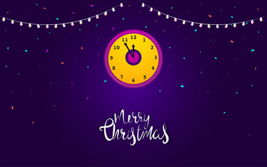 Fototapeta na wymiar Christmas and New year poster template in flat design Vector illustration with clock, bright confetti, and garlands on purple background