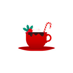 Vector isolated icon Christmas hot chocolate mug Cocoa with marshmallows and candy cane in red cup with plate