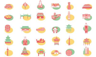 Isolated set of group objects asian typical culture places icon- Vector