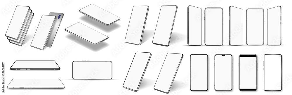 Poster A large number of different smartphones - isometric, frontal, perspective. 3D Mobile phone in realistic style with blank screen for presentation UI, UX, App. Smartphones set. Vector mockups