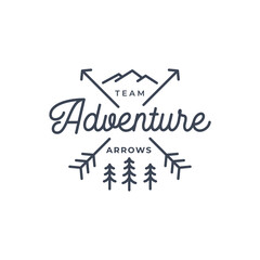 Crossed Arrows with mountain and pine tree line art. Minimalist Rustic Hipster logo design with line art style