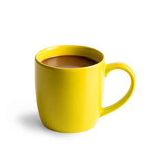 Coffee in yellow cup isolated on white background.