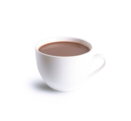 Hot chocolate drink in white cup isolated on white background.