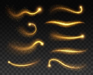 Stars with glowing golden sparkles, vector light effects on transparent background. Bright shining glitter sparks of gold stars with waves of sparkling dust trail, Christmas, magic or space themes