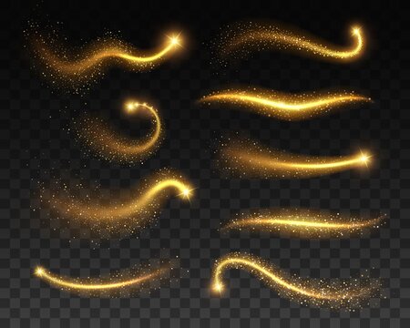 Stars With Glowing Golden Sparkles, Vector Light Effects On Transparent Background. Bright Shining Glitter Sparks Of Gold Stars With Waves Of Sparkling Dust Trail, Christmas, Magic Or Space Themes