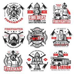 Fototapeta na wymiar Fire and firefighter department icons, fireman helmet and axe vector badges. Fire fighter rescue team emblems with water hydrant, safety hat and fire engine truck ladder, firefighting emergency signs