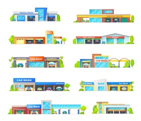 Car wash and garage station service buildings vector icons. Vehicle mechanic repair workshop station, automatic transportation carwash services buildungs and trees isolated cartoon exterior design set