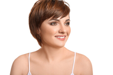 Young woman with beautiful short hair on white background