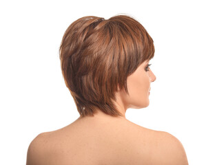 Young woman with beautiful short hair on white background