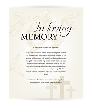 Funeral Card Vector Template, Vintage Condolence Obituary With Typography In Loving Memory, Cemetery Christian Crosses And Flying Doves Above Graveyard. Obituary Memorial, Funeral Card, Necrologue