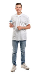 Young man with bottle of water on white background