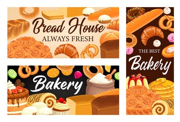 Bakery shop, bread house vector banners. Pastry, desserts and sweets. Baked cakes, bagels and buns, baking sweet donuts, croissant and baguette, pretzel, cupcake and meringues baker store assortment