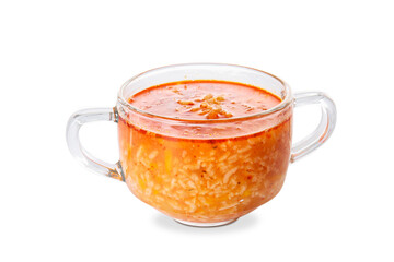 Pot of tasty rice soup on white background
