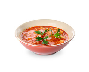 Bowl of tasty rice soup on white background