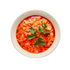 Bowl of tasty rice soup on white background