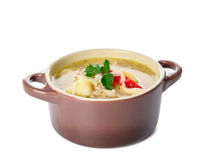 Pot of tasty rice soup on white background