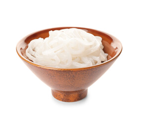 Bowl with rice noodles on white background