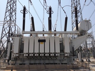High voltage power transformer in switchyard and electrical power substation
