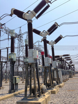 High voltage Gas Insulated circuit breaker in switchyard and electrical power substation, GIS system
