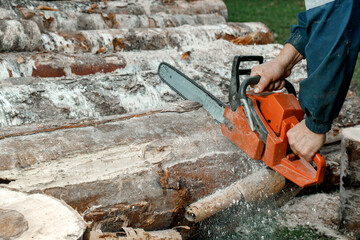 Chainsaw. Close-up of a chain saw cutter in motion, sawdust flying along the sides. Concept of firewood harvesting for the winter period