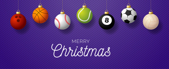 Luxury Merry Christmas horizontal banner. Christmas card with sport baseball, basketball, football, tennis balls hang on a thread on purple modern background. Vector illustration. Place for your text