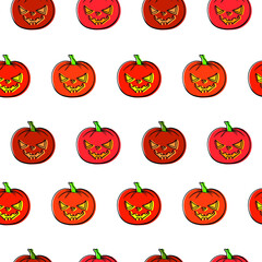 Seamless pattern Halloween orange pumpkin hand drawn outline. Happy Halloween holiday cute character background. Greeting card, banner, party invitation design. Vector illustration