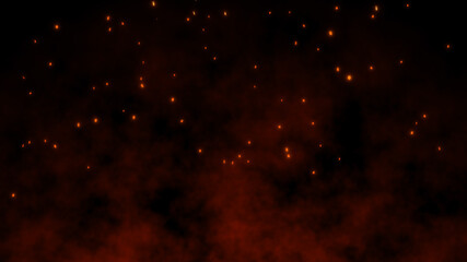 3D Burning embers glowing. Fire Glowing Particles on Black Background.