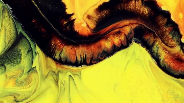 Fluid art painting footage, modern acrylic texture with flowing effect. Liquid paint mixing artwork with splash and swirl. Detailed background motion with yellow, orange and black overflowing colors