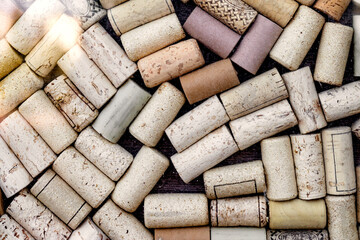 wine bottle corks on the surface, top view, background, texture
