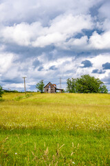 Landscape with an old hay barn behind a field with tall juicy green grass against a cloudy sky