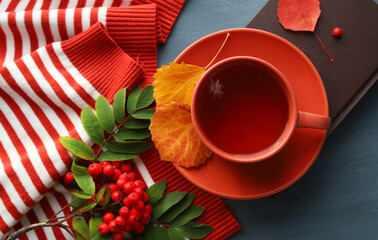 Autumn composition. A clay Cup of hot tea stands on a book among autumn leaves, Rowan trees, and a striped orange sweater.Selective focus