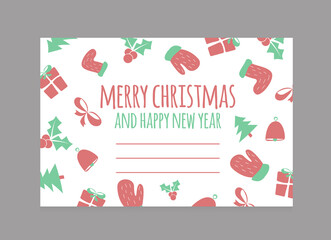 Vector illustration postcard with the inscription Merry Christmas and a Merry New Year. Merry Christmas and Happy New Year greeting card
