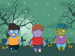 Vector illustration of halloween on moon night background with zombies. Illustration used for kid and children's holiday design, cards, banner