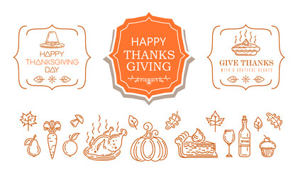 Thanksgiving line icon set. Happy Thanksgiving Day. A collection of symbols and greeting inscriptions for Thanksgiving. Vector illustration