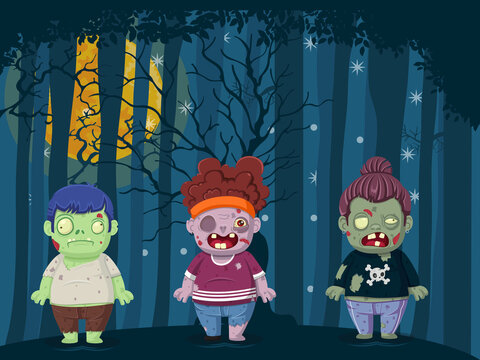 Vector illustration of halloween zombies. creativity with blue night landscape with full moon over dark forest. Illustration used for kid and children's holiday design, cards, banner