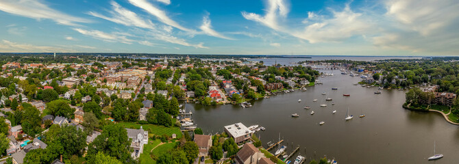 Aerial view of Annapolis capital city of Maryland state with expensive waterside properties along...