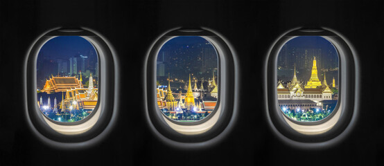View outside the plane window. Bangkok city looking through the plane window.