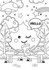 Coloring page with Cute kawaii autumn leaf drinking bubble milk tea