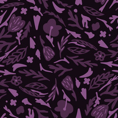 Dark forest shapes seamless doodle pattern. Purple palette stylized botanic artwork. Simple creative design.