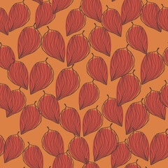 Random little outline leaves silhouettes seamless pattern. Red ornament on orange background.