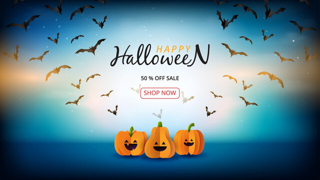Happy halloween sale banner background template paper cut style.Spooky night with halloween pumpkins and flying bats on dark blue sky.