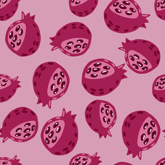 Seamless random garnet pattern. Stylized fruit print in pastel pallete artwork. Simple doodle backdrop.