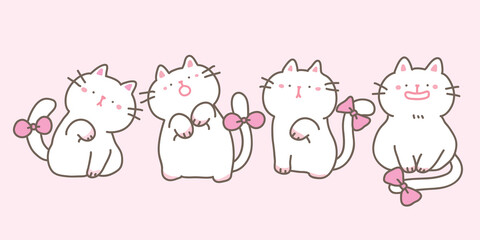 Obraz premium Vector Illustration of Cute Cartoon White Cat Characters on Pink Isolated Background