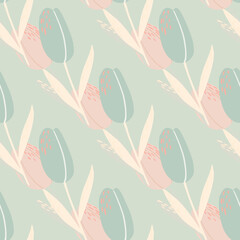 Seamless tulip pattern in pale palette. Blue and pink soft colored stylized botanic flower artwork.