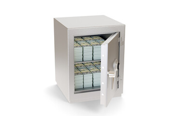 Open safe box full of wad of 100 dollar bills isolated on a white background. 3d illustration.