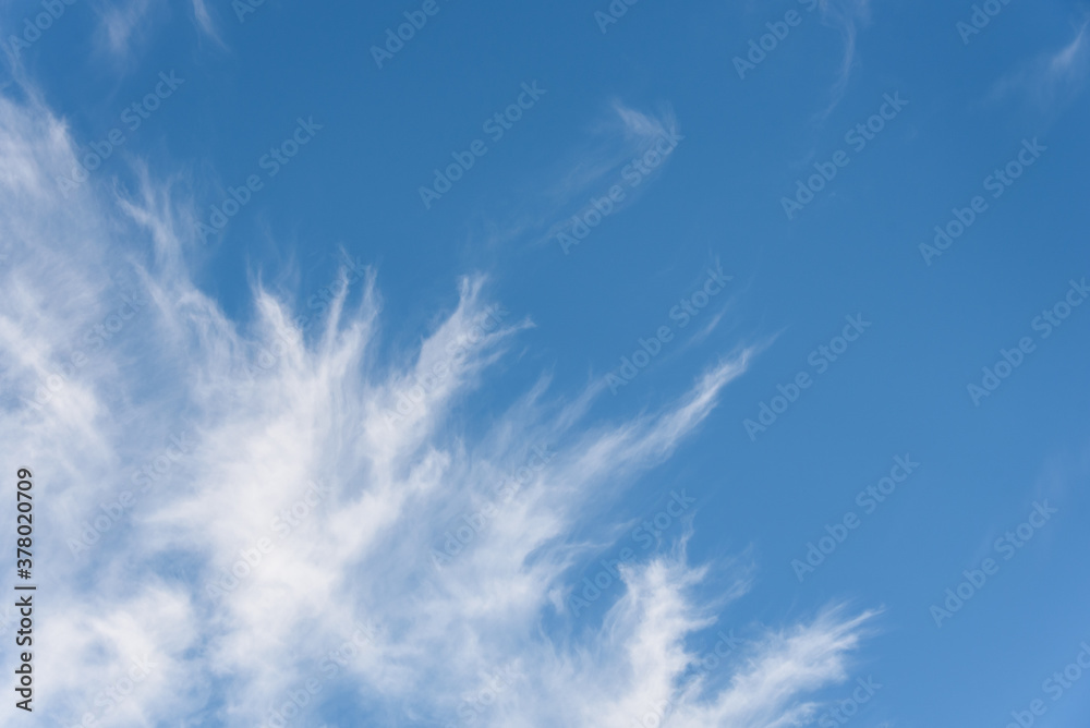 Wall mural fresh air, bright blue sky with wispy white clouds, as a nature background