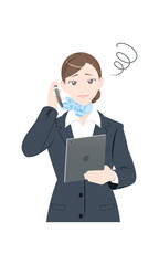 電話　困る　タブレット　ポーズ　ビジネス　スーツ　女性