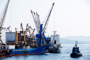Fototapeta premium Commercial coasters are loading at the commercial port of Vladivostok.
