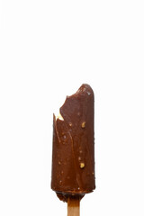 A closeup levitation picture of bitten coco bar ice cream with vanilla flavour on isolated white background.